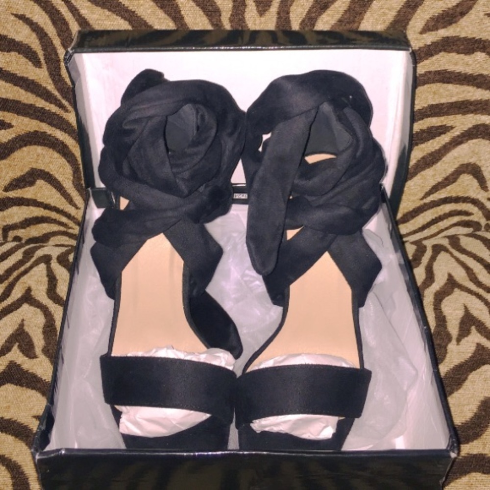 TRIA BLACK FAUX SUEDE WRAP PLATFORM SANDALS - Picture 8 of 8